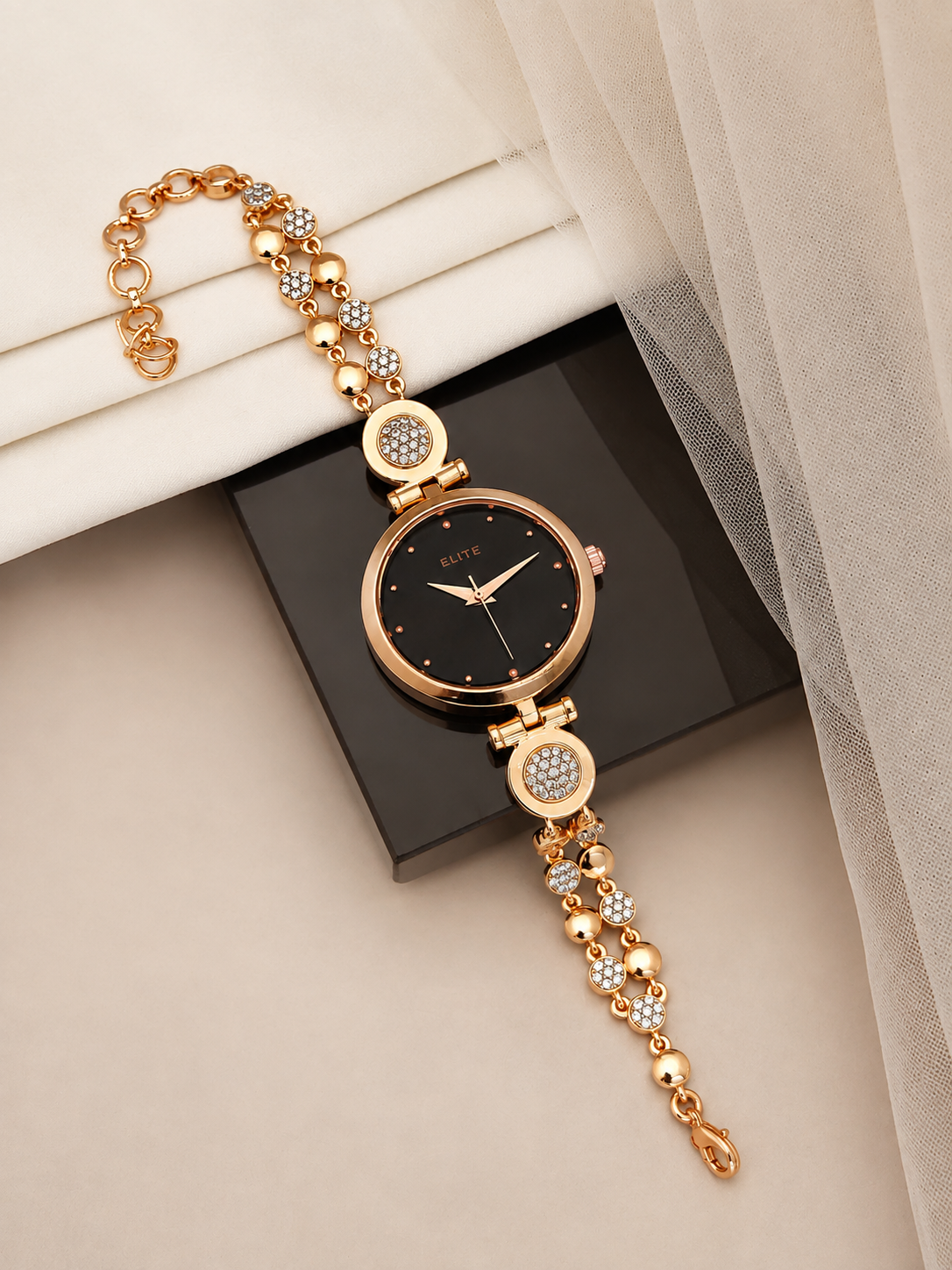 Elite Women's Rose Gold Crystal Bracelet Watch – Black Dial Analog